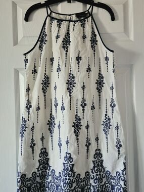 Just Taylor White Halter Dress with Blue Embroidered Pattern